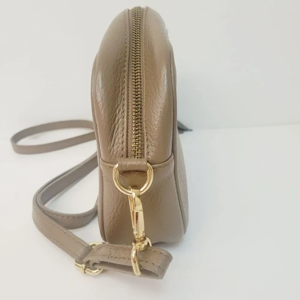 Genuine Leather Made in Italy Taupe Pebbled Crossbody Camera Bag Tassel Gold